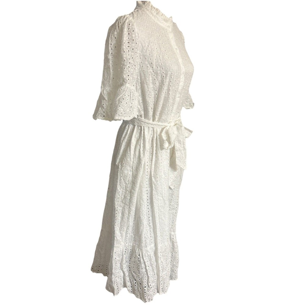 Sugarlips Kaylie Eyelet Sz M White Button Down Ruffle Midi Belted Cotton Dress - Picture 8 of 15
